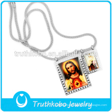Latest Long Silver Snake Chain Necklace With Jusus Father And Mother Mary Pendants